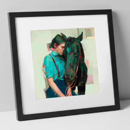 A Quiet Understanding horse & rider art print in black frame