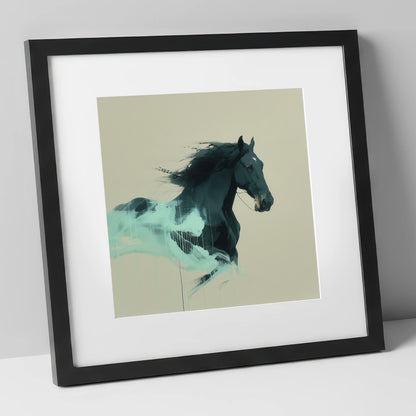 Midnight Teal Momentum horse breed art print in black frame