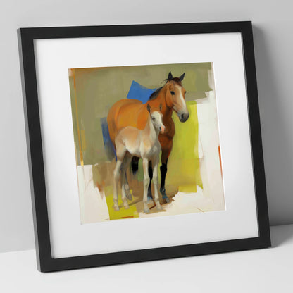 Modern Golden Bond mare & foal art print in black frame