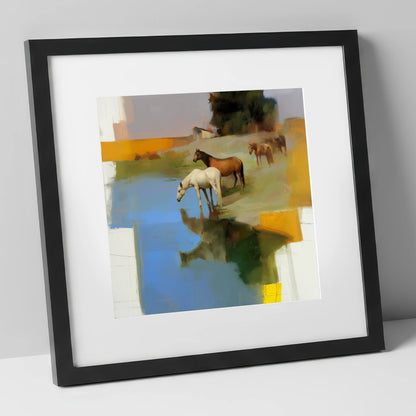 Cerulean Reflections wild horses art print in black frame