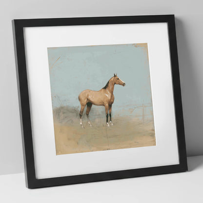 The Paddock Study racing horse art print in black frame
