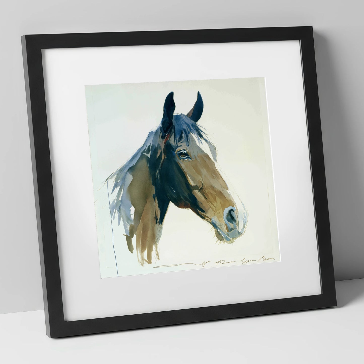 Indigo Wash Bay Portrait horse portrait art print in black frame