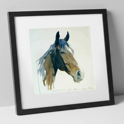 Indigo Wash Bay Portrait horse portrait art print in black frame