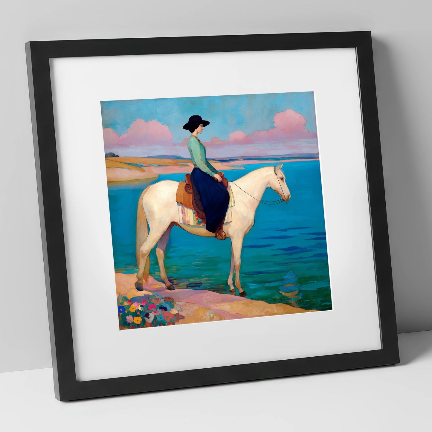 Coastal Reverie beach horse art print in black frame