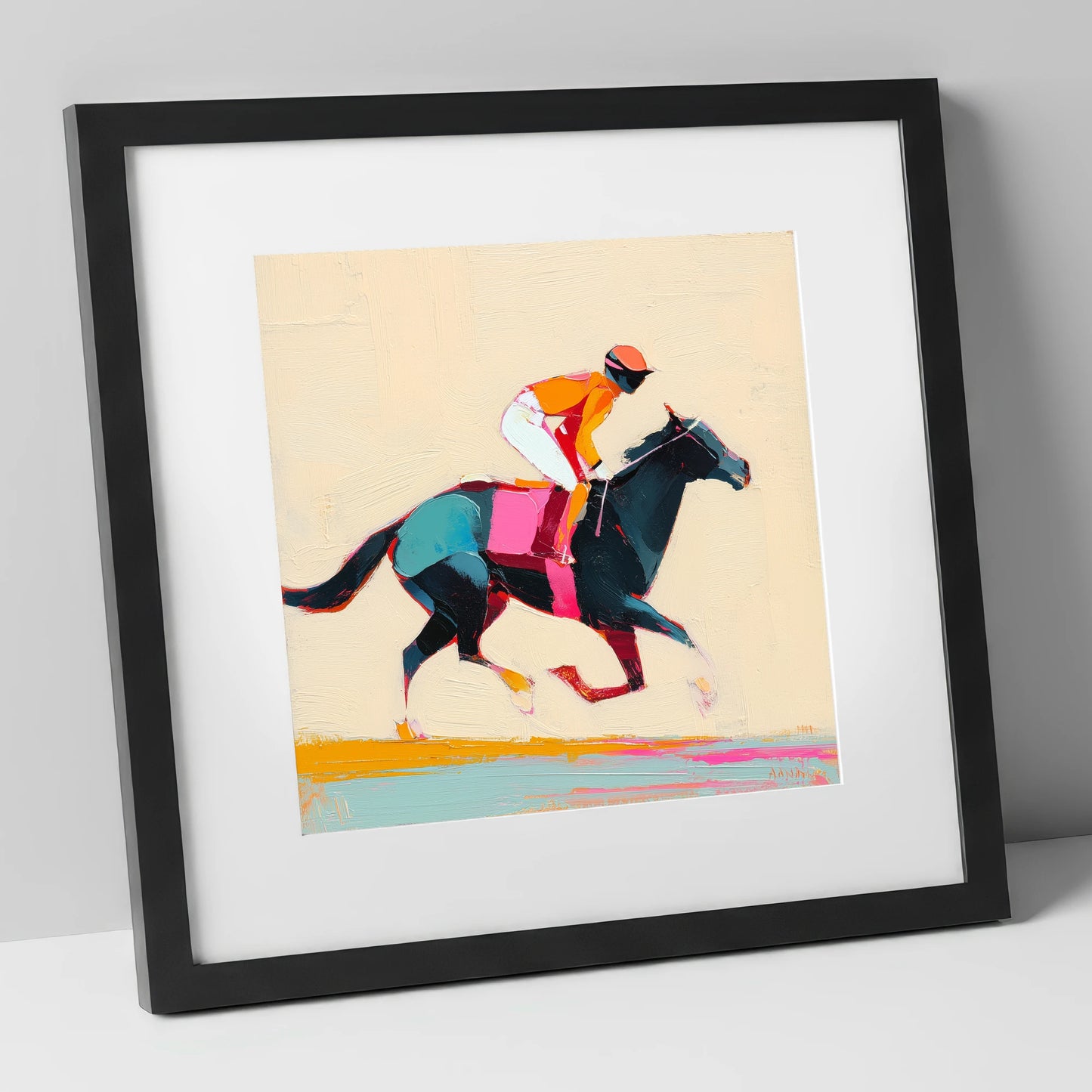 Colour on the Turf racing horse art print in black frame