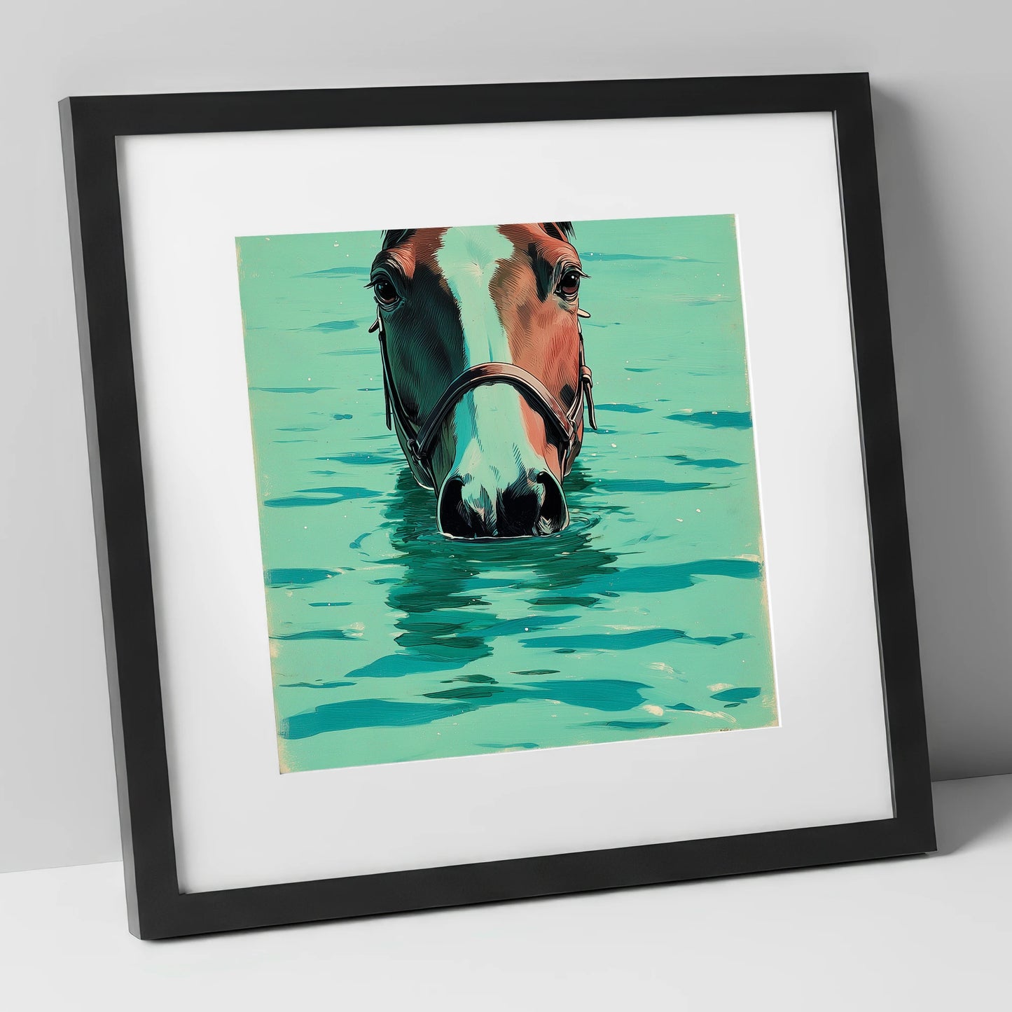 Teal Water Swim beach horse art print in black frame