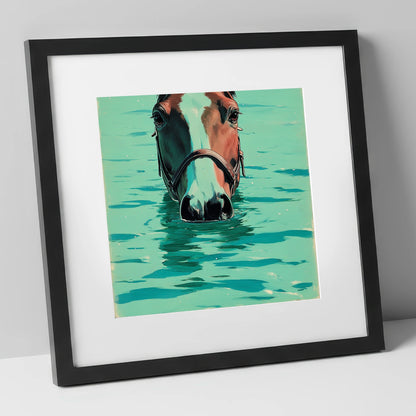 Teal Water Swim beach horse art print in black frame
