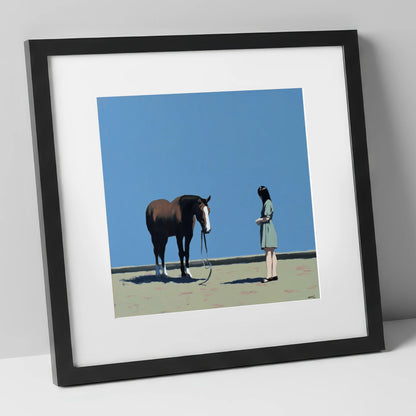 The Quiet Exchange horse & rider art print in black frame