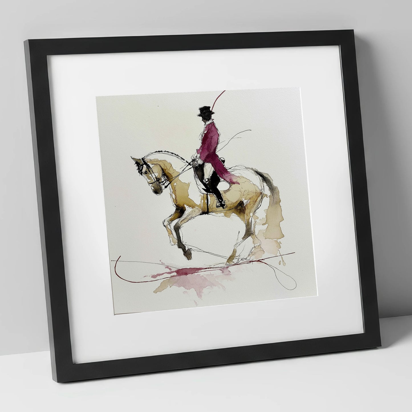 Poise and Passage dressage horse art print in black frame