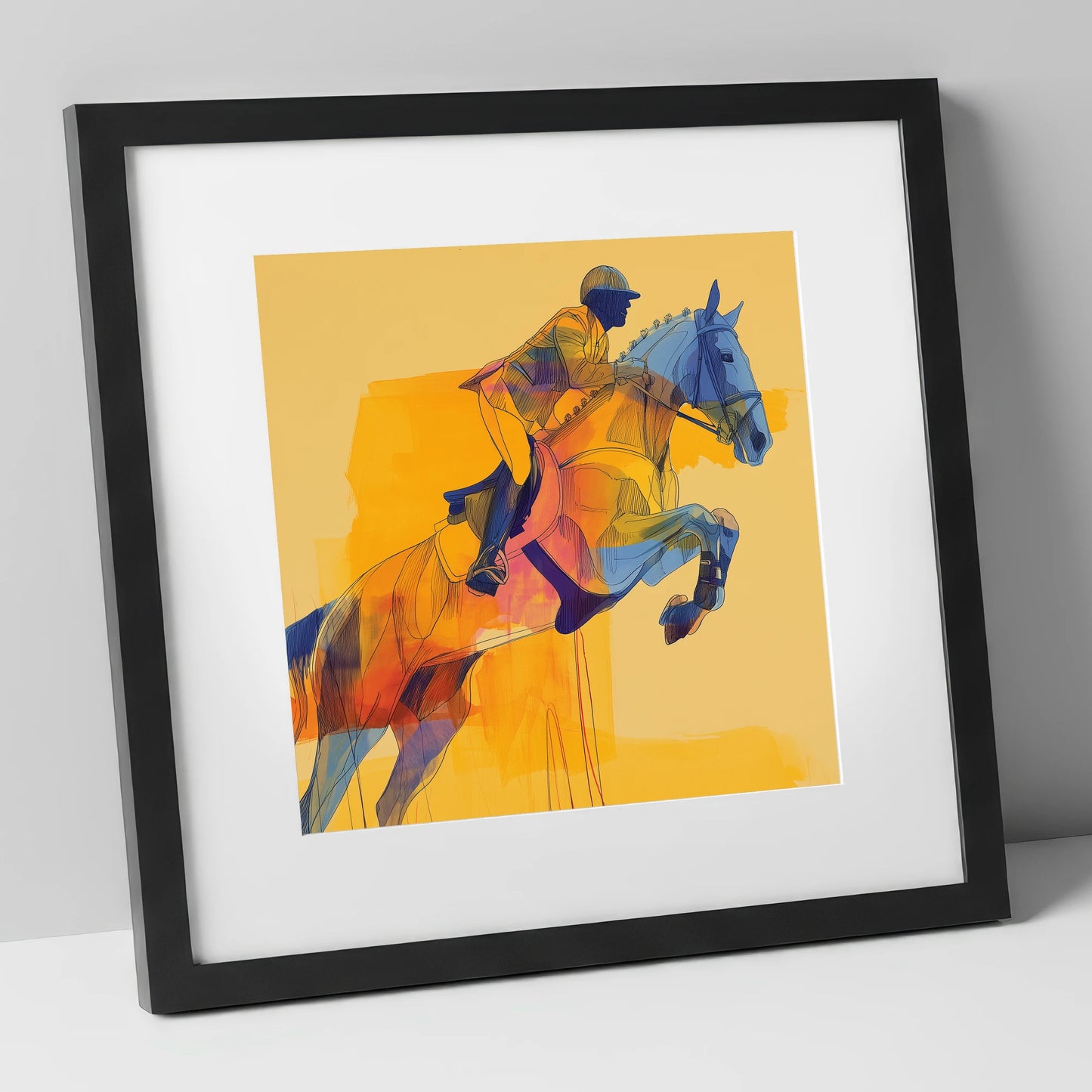 Vibrant Showjumping Flight show jumping horse art print in black frame