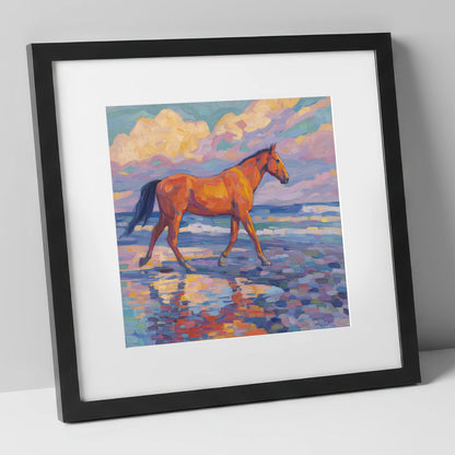 Vibrant Coastal Stroll horse landscape art print in black frame