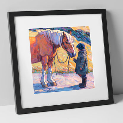 A Gentle Exchange horse & rider art print in black frame