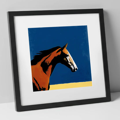 Vibrant Bay Gallop racing horse art print in black frame