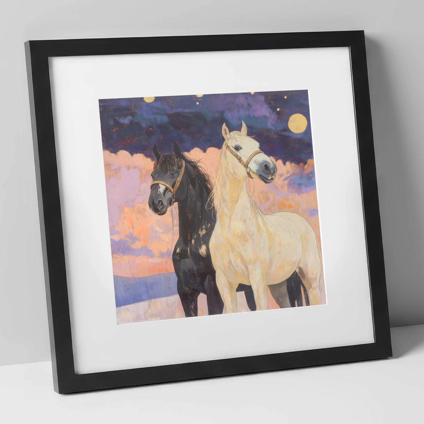 Celestial Companions horse landscape art print in black frame