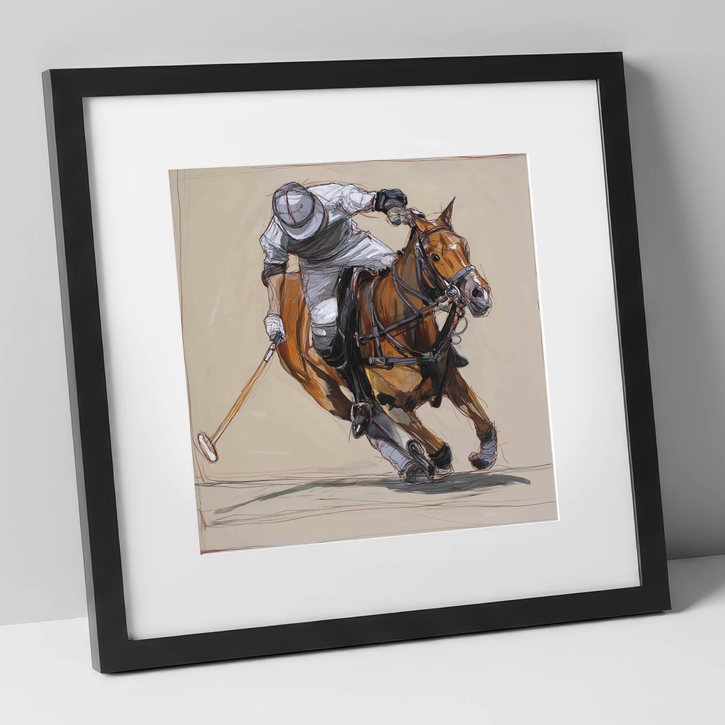 The Decisive Strike polo horse art print in black frame