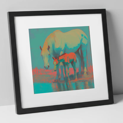 Electric Shoreline Bond mare & foal art print in black frame