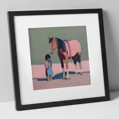 Quiet Connection horse & rider art print in black frame