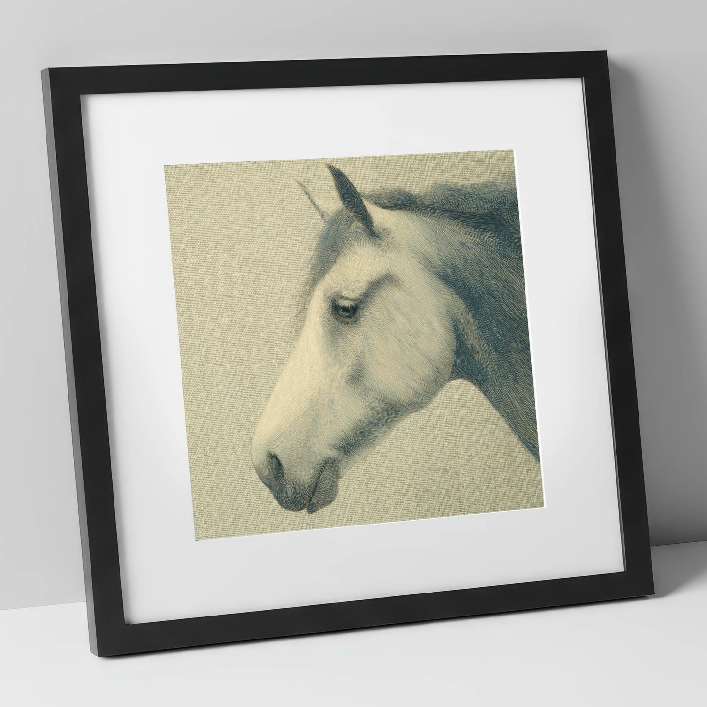 Classic Slate Equine Profile horse portrait art print in black frame