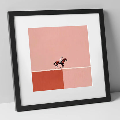 Dusty Rose Canter racing horse art print in black frame
