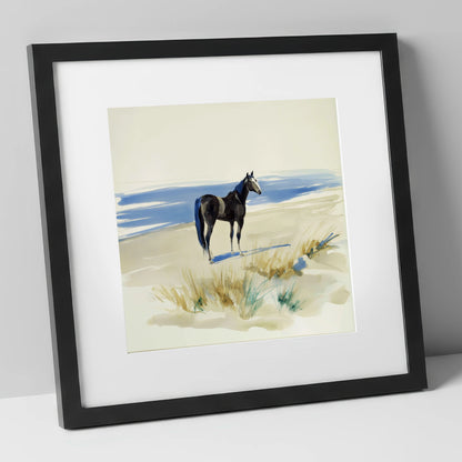 Coastal Silhouette horse landscape art print in black frame