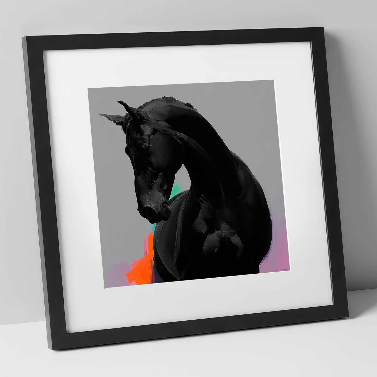 Sculpted Obsidian horse breed art print in black frame