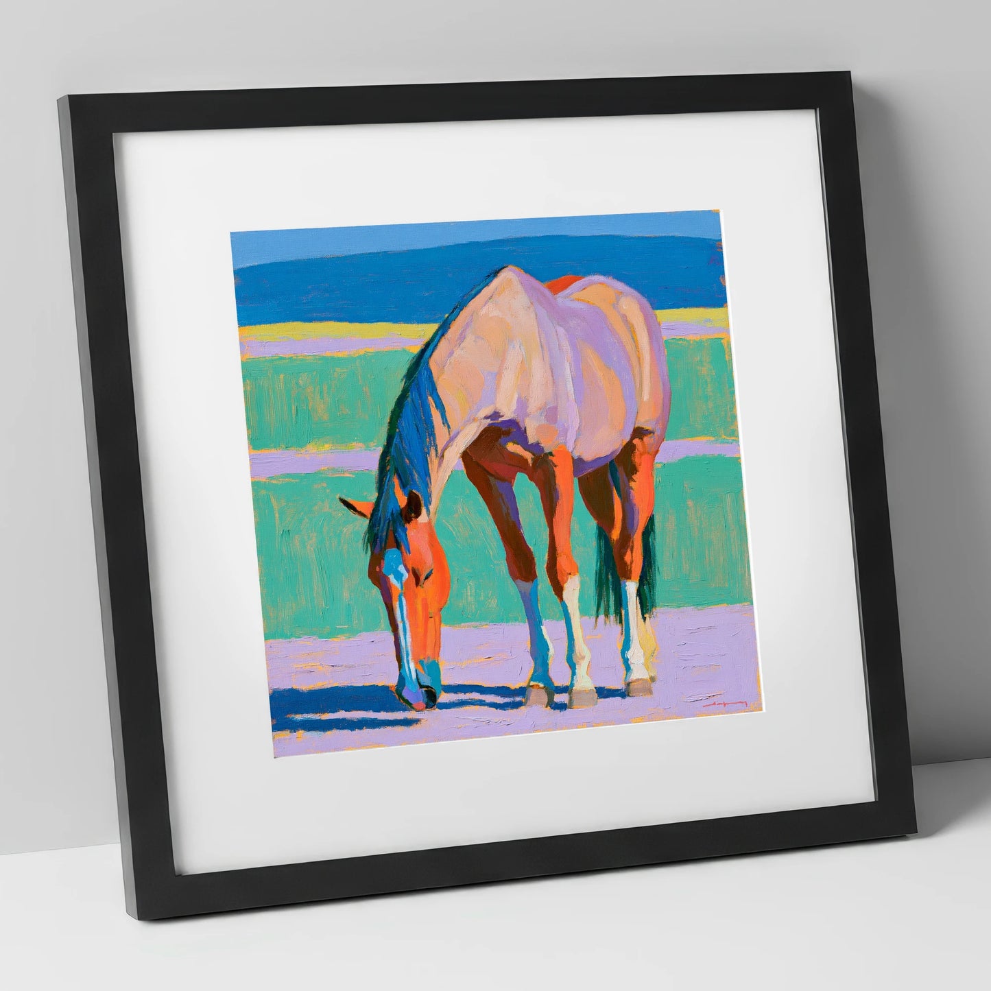 Colourful Grazing Horse horse breed art print in black frame
