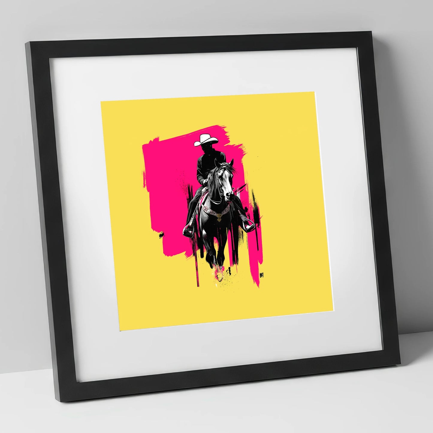 Magenta High Noon western horse art print in black frame
