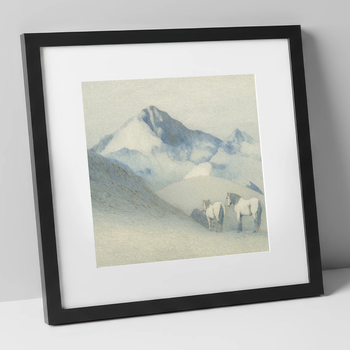 Slate Blue Peaks horse landscape art print in black frame
