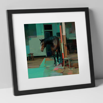 Quiet Yard in Teal horse stable art print in black frame