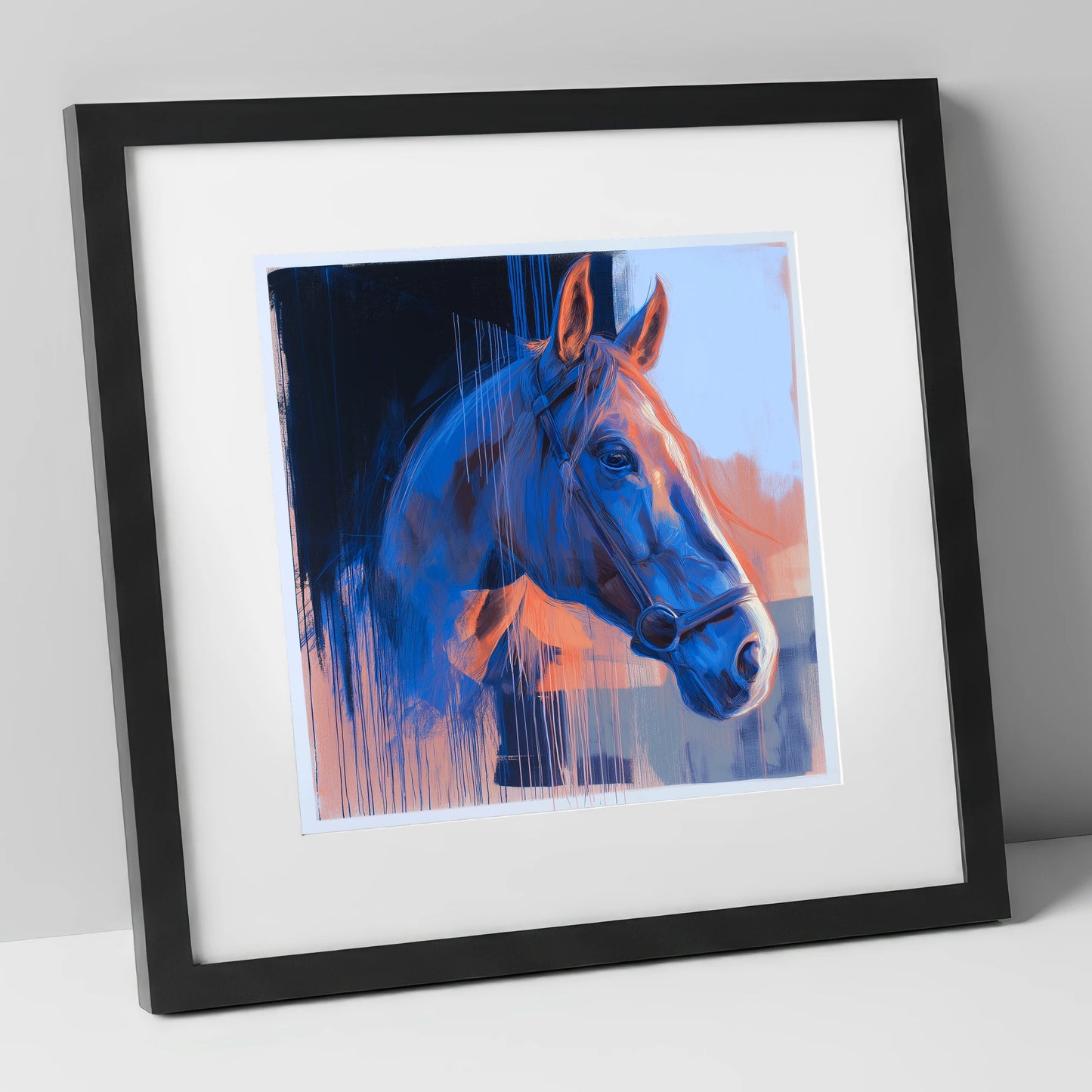 Cobalt and Apricot Light horse portrait art print in black frame