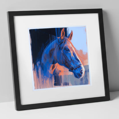 Cobalt and Apricot Light horse portrait art print in black frame