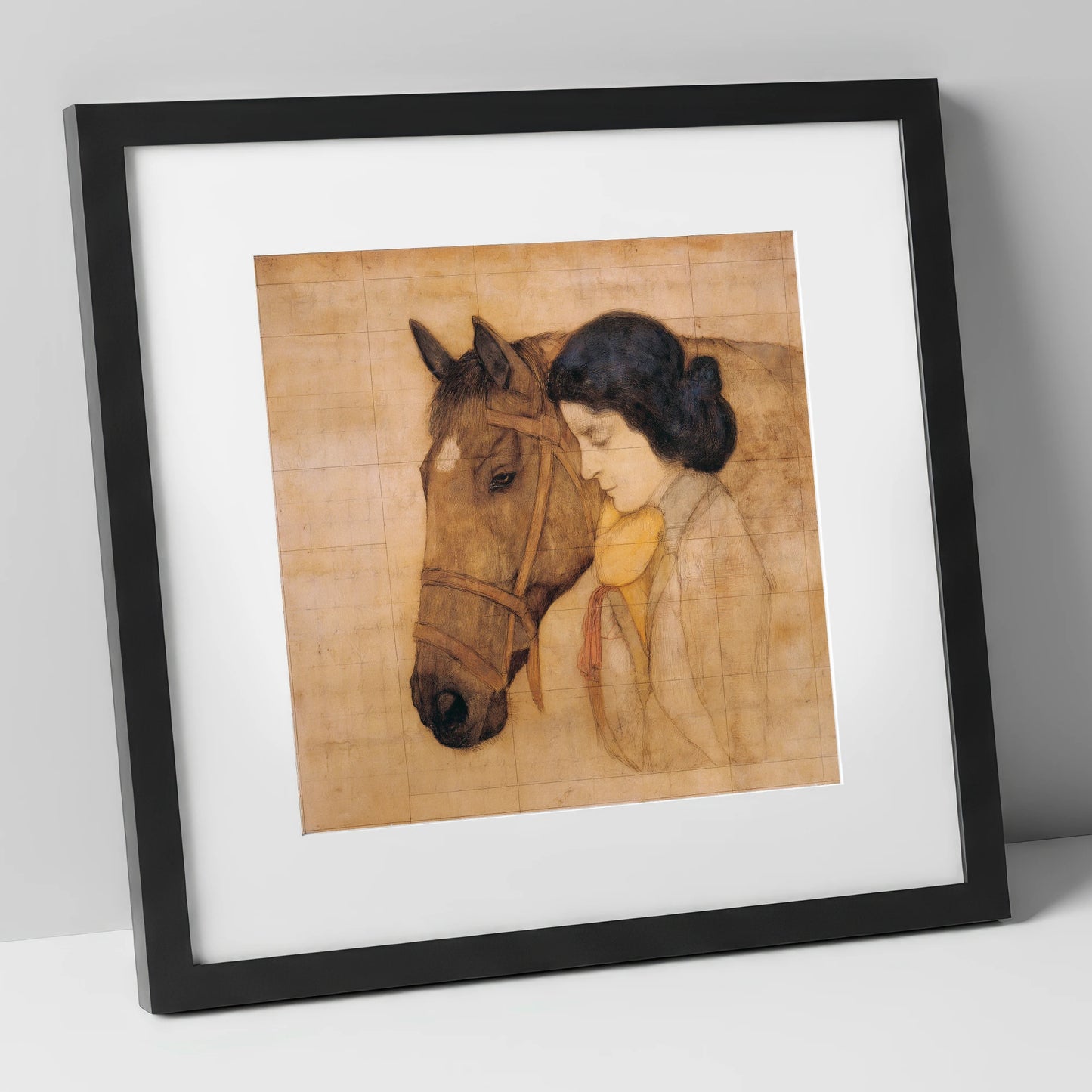 The Silent Bond horse & rider art print in black frame