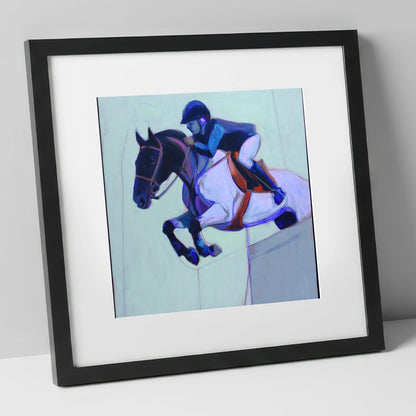 Indigo Flight show jumping horse art print in black frame