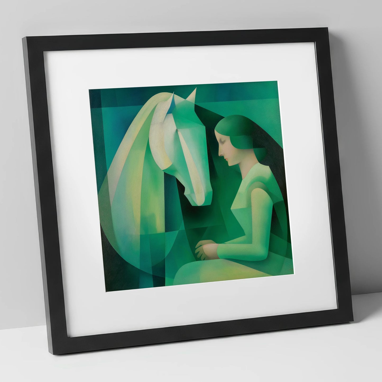 The Emerald Bond horse & rider art print in black frame