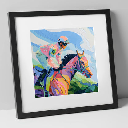 Technicolour Gallop racing horse art print in black frame