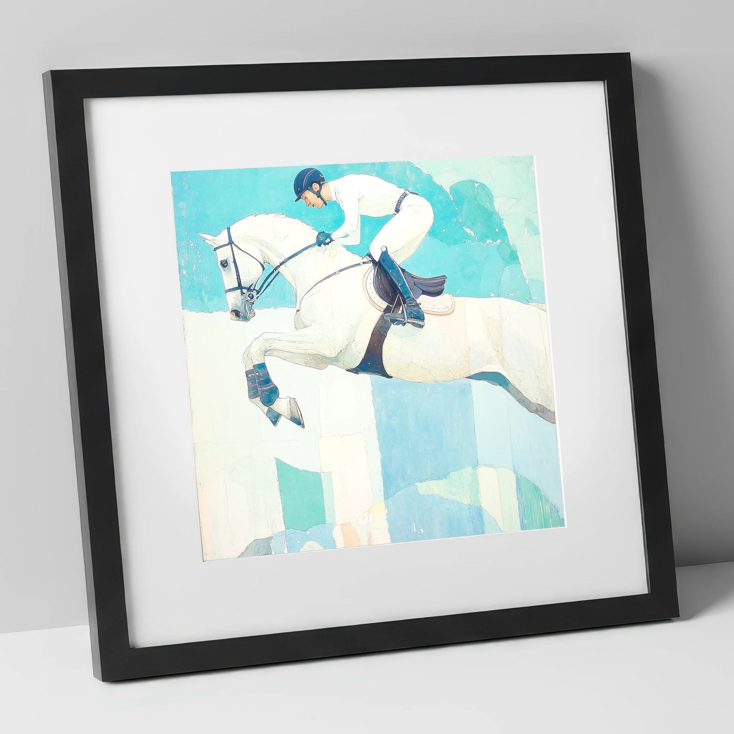 Teal Ascent show jumping horse art print in black frame