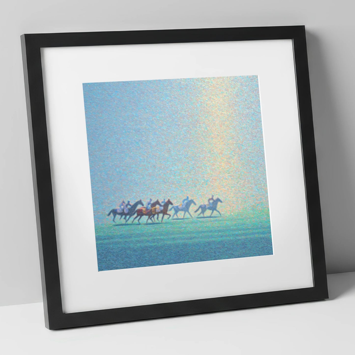 Ethereal Morning Gallop racing horse art print in black frame