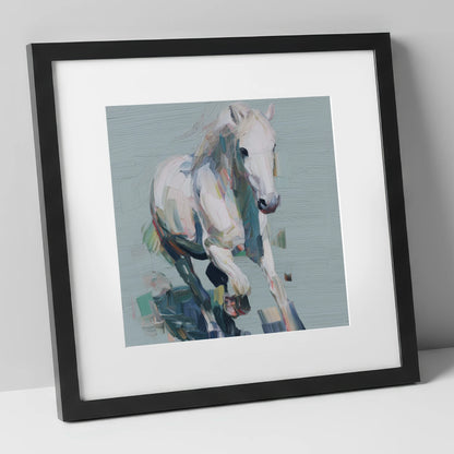 Expressive Grey Canter horse breed art print in black frame