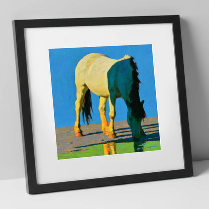 Horse Drinking in Vibrant Light horse breed art print in black frame