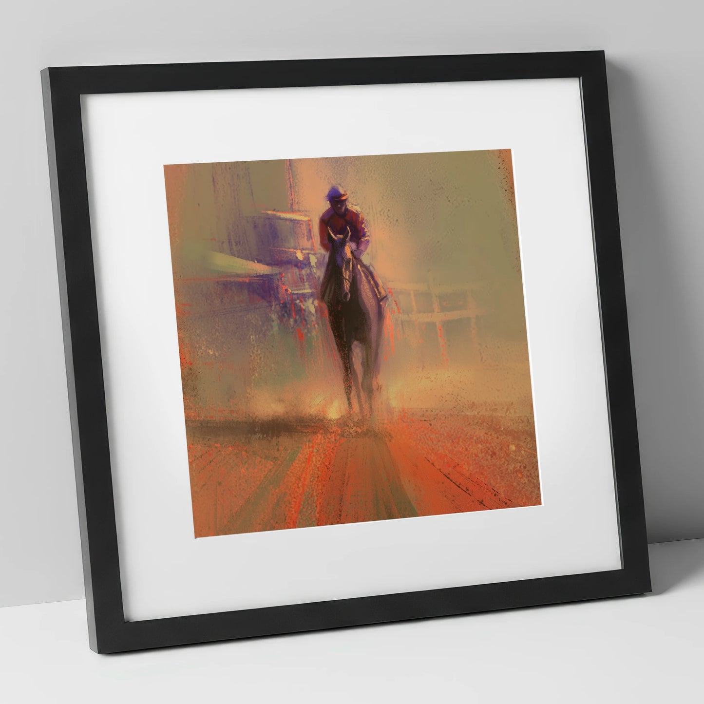 Emerging From The Dust racing horse art print in black frame