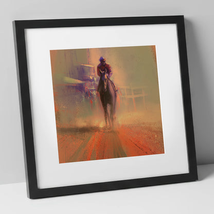 Emerging From The Dust racing horse art print in black frame