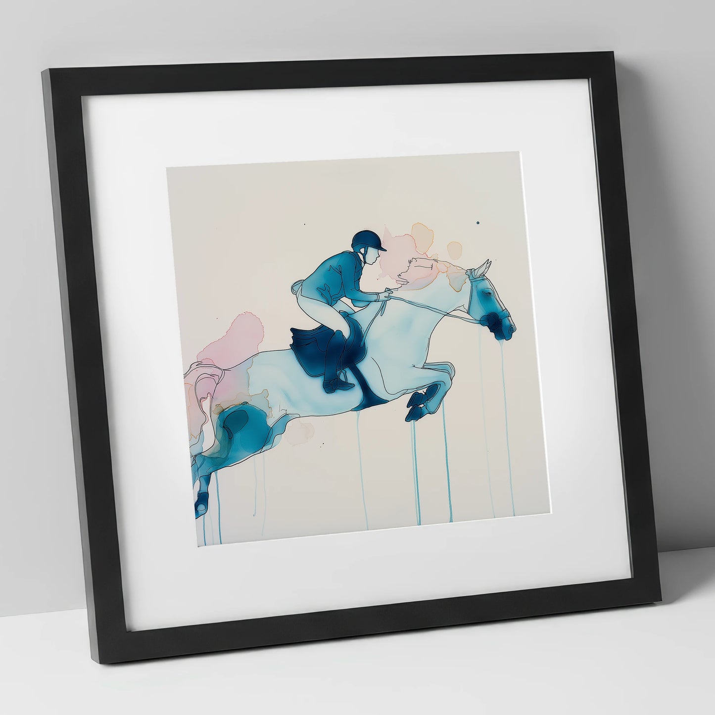 Cerulean Flight show jumping horse art print in black frame