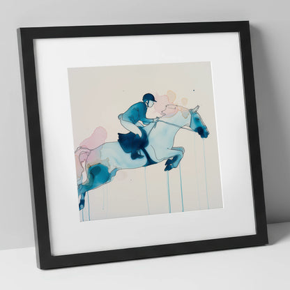 Cerulean Flight show jumping horse art print in black frame