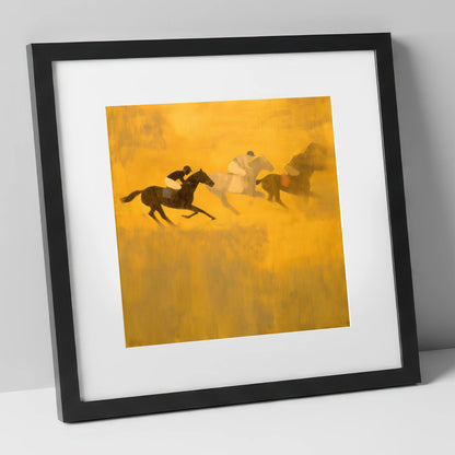 Golden Dust Runners racing horse art print in black frame