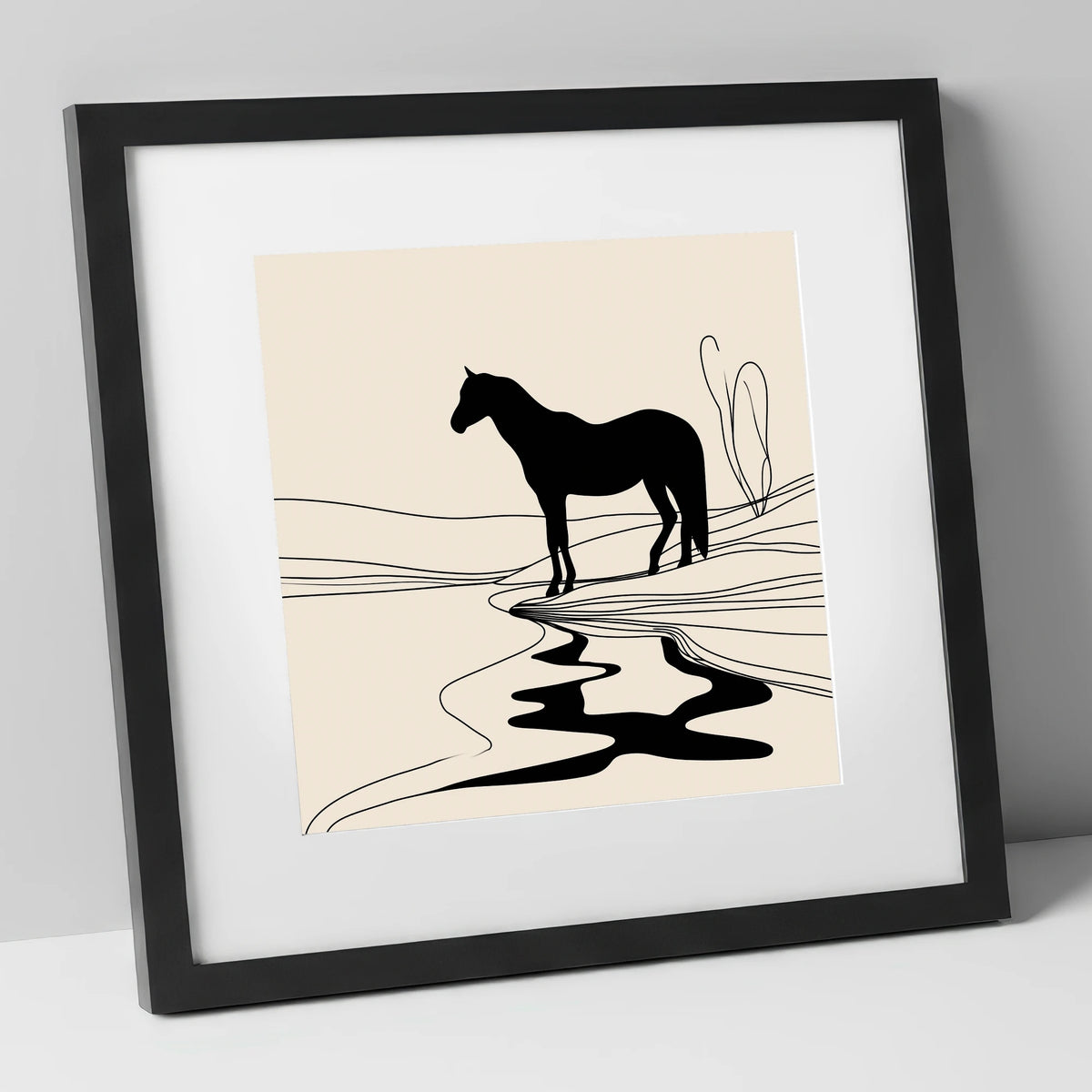 The Silent Oasis horse landscape art print in black frame