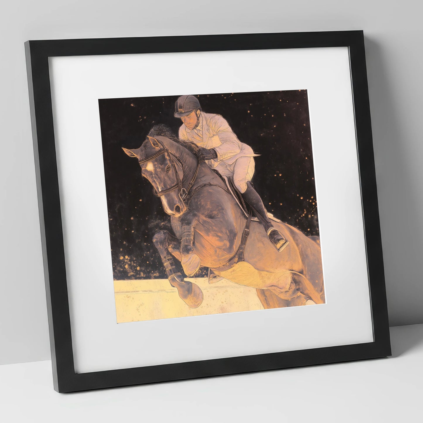 Stardust Showjumper show jumping horse art print in black frame