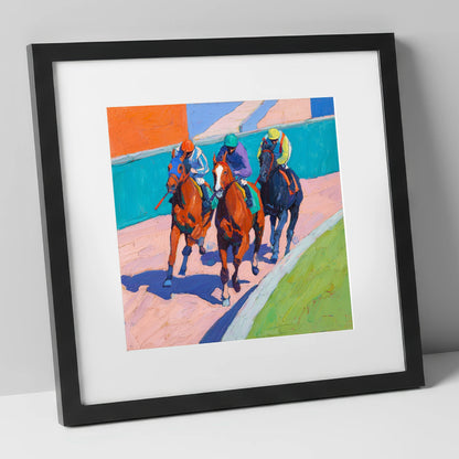 The Final Furlong racing horse art print in black frame