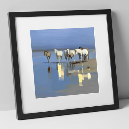 Reflections in Blue wild horses art print in black frame
