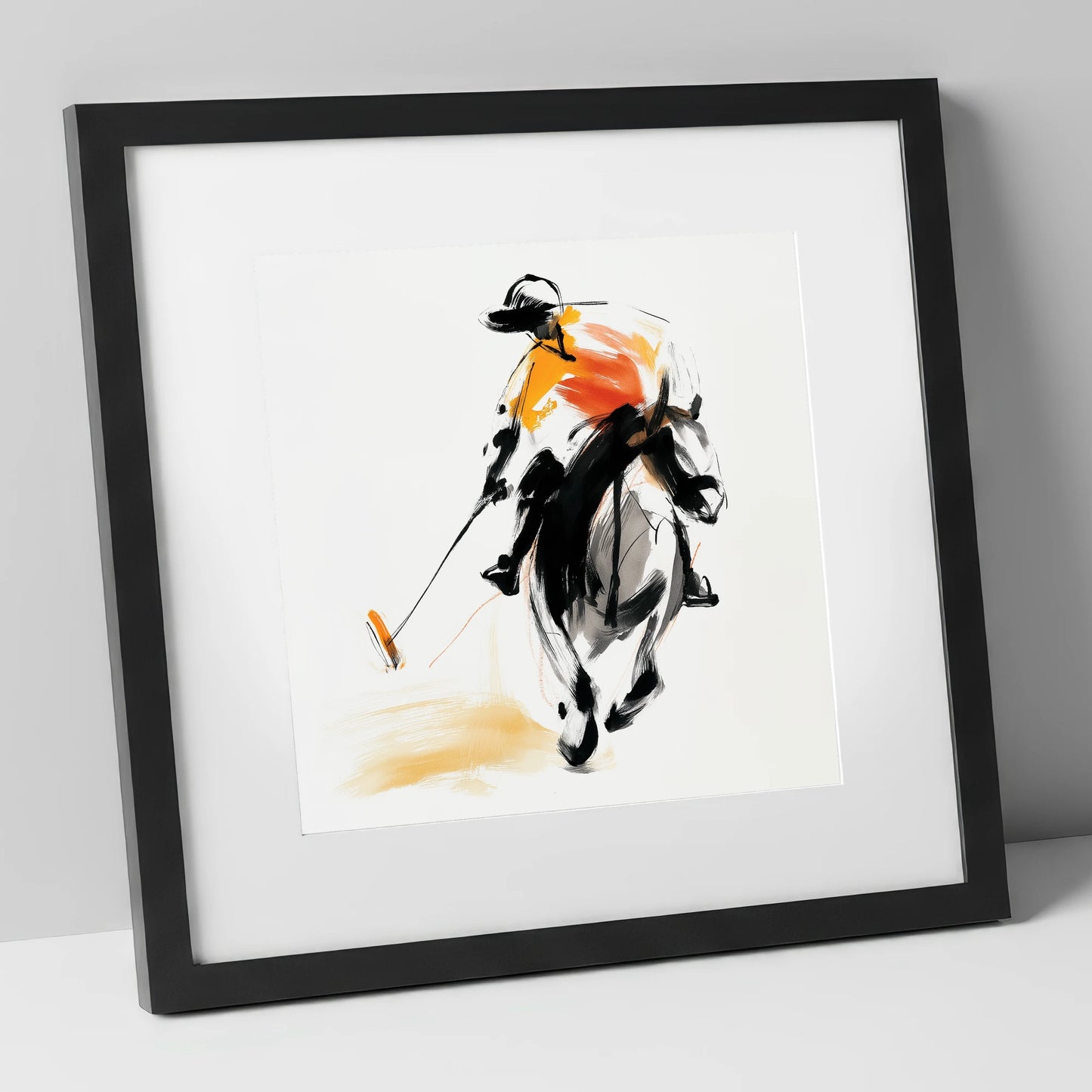 Amber Strike polo horse art print in black frame