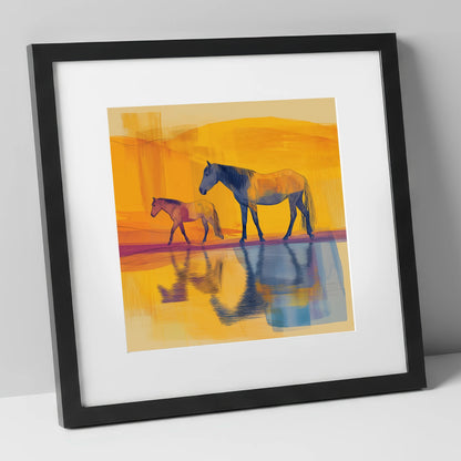 Golden Reflections horse landscape art print in black frame